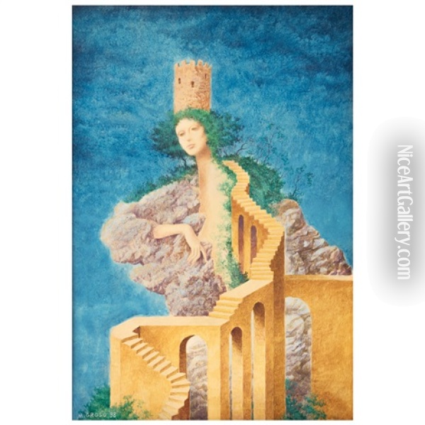 Dama Con Escalera Y Sombrero De Torre Oil Painting - Alberto Grosso