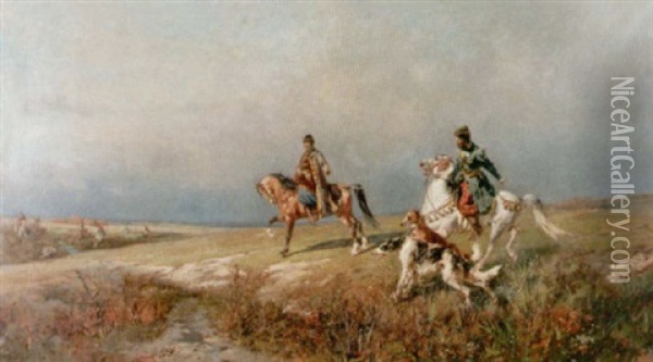 Stapplandskap Med Ryttare Och Vinthundar Oil Painting - Rudolf Frentz the Elder