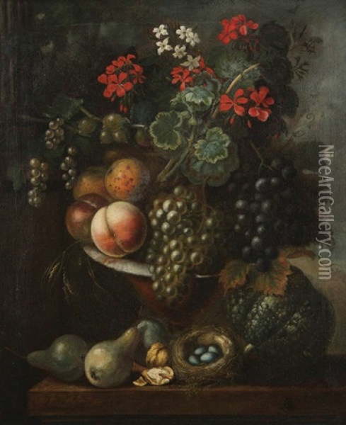 Nature Morte Aux Fleurs, Grappes De Raisin Et Peches Oil Painting - Arnoldus Bloemers