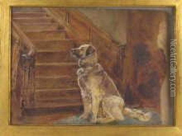 A Dog Waiting At The Foot Of A Staircase Oil Painting - John Isaac Richardson