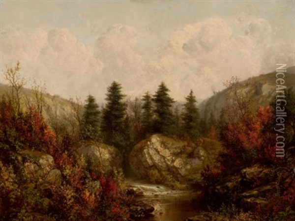 River Through An Autumn Forest Oil Painting - William Mason Brown