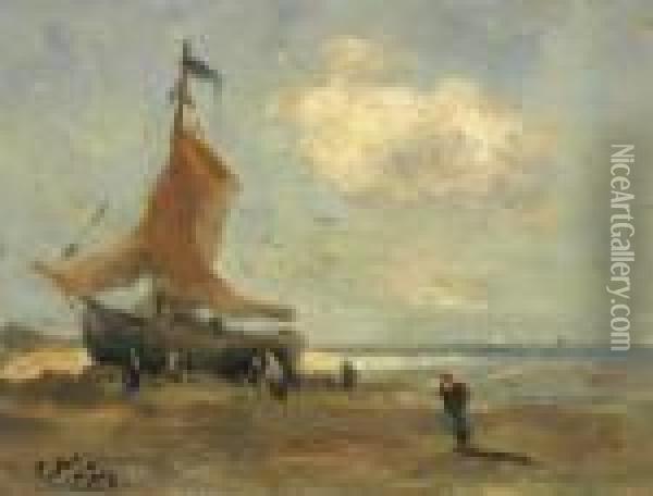 A Ship And Figures On The Beach Oil Painting - Evert Pieters