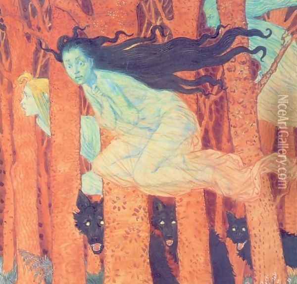 Three Women and Three Wolves Oil Painting - Eugene Grasset
