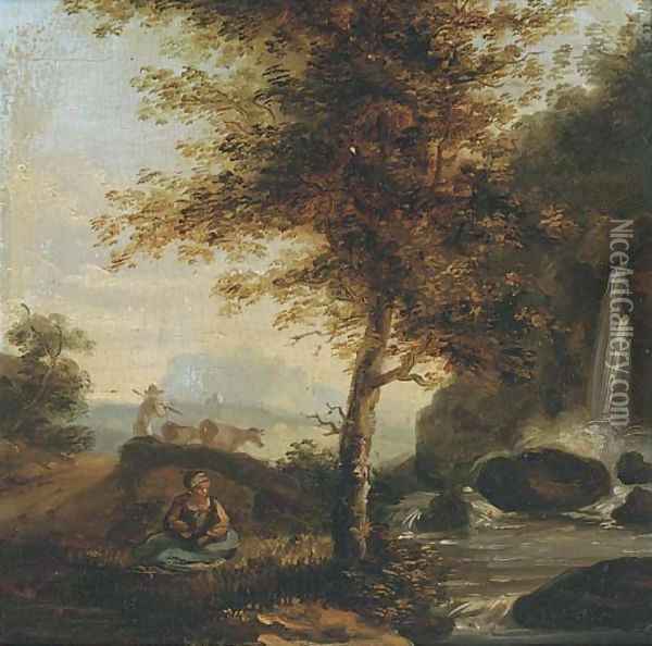 Figure by a waterfall with a drover and cattle beyond Oil Painting - Dutch School