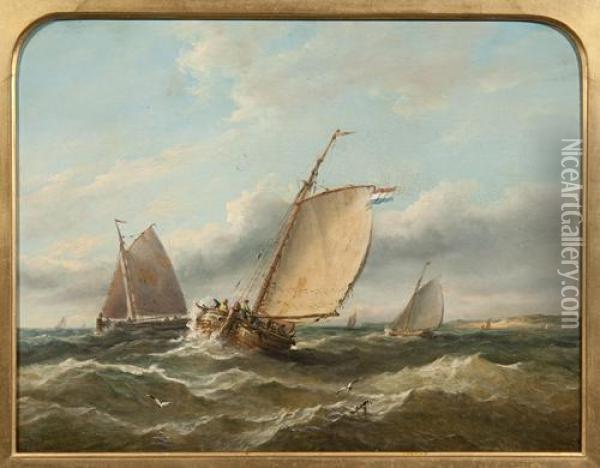 Fishing Vessels Off A Coastline Oil Painting - John Moore Of Ipswich