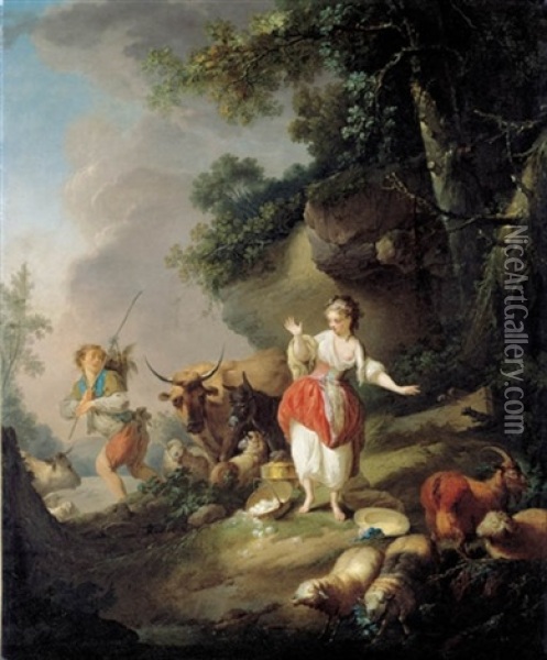 Les Oeufs Casses: A Shepherdess Startled By A Drover And His Cattle In A Pastoral Landscape Oil Painting - Jean Baptiste Huet