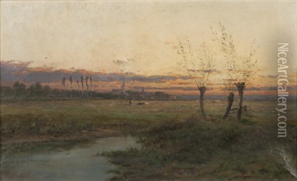 Dutch Landscape With Distant Village At Sunset Oil Painting - Joseph Antonio Hekking