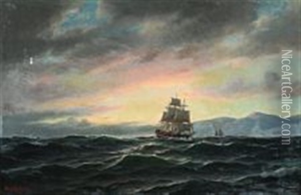 A Three-masted Fullrigged Sailing Ship In Rough Seas Oil Painting - Carl Ludwig Bille