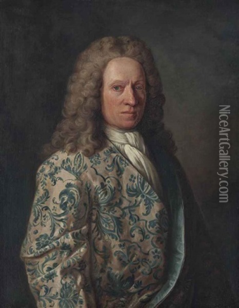 Portrait Of A Gentleman, Half-length, In A Blue Embroidered Coat And White Stock Oil Painting - Jean Francois Delyen