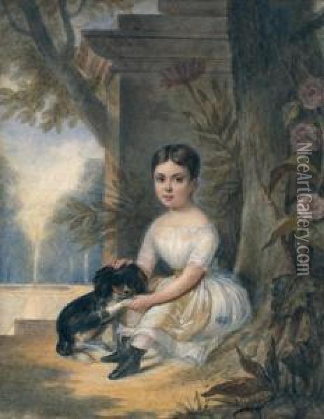 Portrait De Jeune Fille Avec Un Chien Dans Un Jardin Oil Painting - Jules Vernet