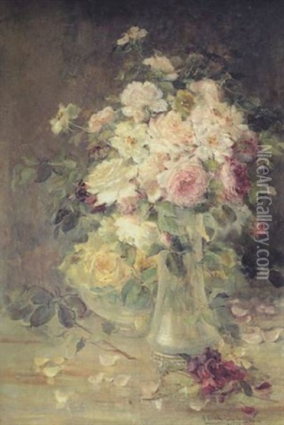 A Still Life Of Roses In A Glass Vase And Bowl On A Tabletop Oil Painting - Maria Louisa Riva Munoz