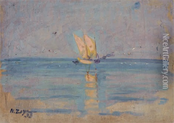 Denizde Yelkenli Oil Painting - Nazmi Ziya