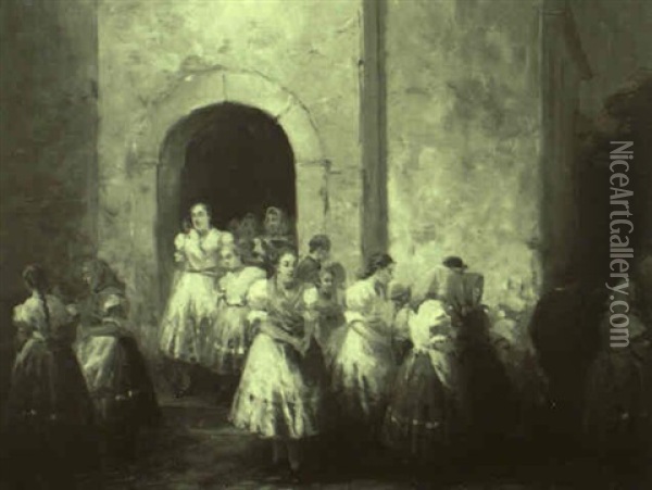 Frauen Beim Verlassen Der Kirche Nach Dem Festtagsgottesdienst Oil Painting - Gyertyanyi Nemeth