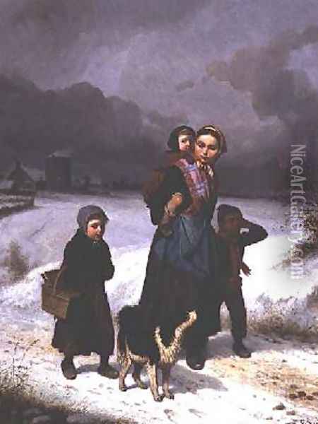 Mother and Children in the Snow Oil Painting - Louis Simon Lassalle