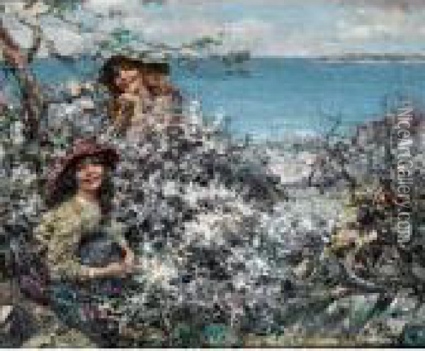 Two Girls Among Blossom, Brighouse Bay Oil Painting - Edward Atkinson Hornel
