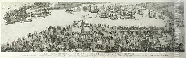 The Encampment Of The English Forces Nearportsmouth Together With A View Of The English And French Fleets Atthe Commencement Of The Action Between Them On The Xixth Julymdxlv Oil Painting - James Basire
