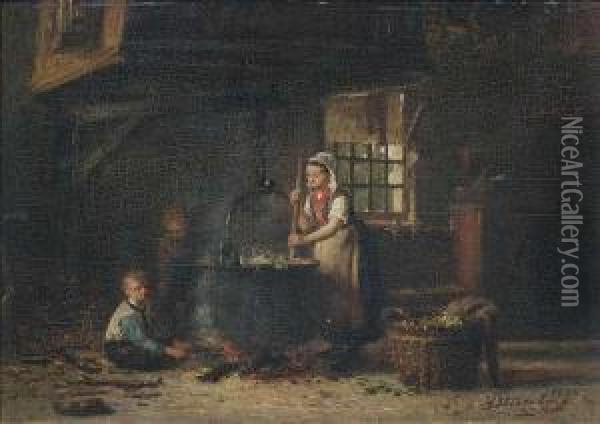 In A Peasant's Kitchen. Oil Painting - Hendrik Valkenburg