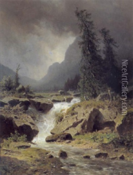 Gewitterstimmung In Landschaft Mit Wasserfall Oil Painting - Adolf Chwala