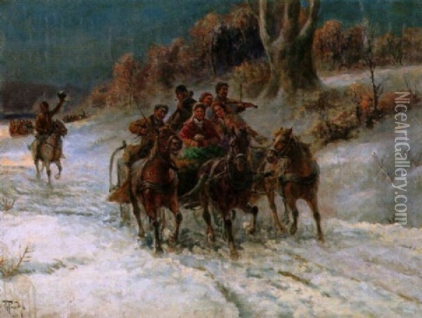 Frolicher Brautzug Im Schnee Oil Painting - Gustav Prucha
