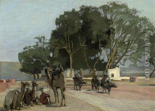 Travellers On The Outskirts Of A Town Oil Painting - George Lena