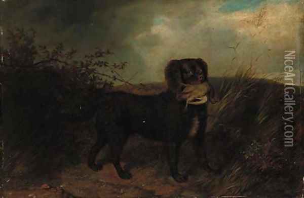 An Irish water spaniel with a partridge Oil Painting - English School