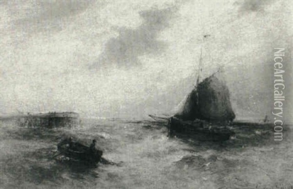 Fishermen In A Harbor Oil Painting - Gustave de Breanski