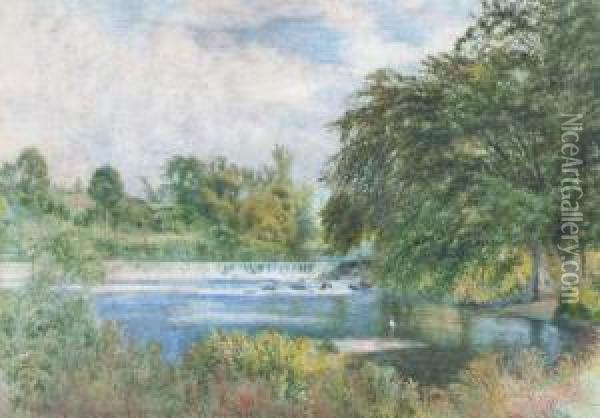 A Fisherman By A Waterfall Oil Painting - John William Hill