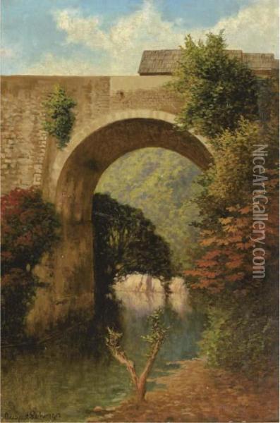 A Bridge In A Mexican Landscape Oil Painting - August Lohr