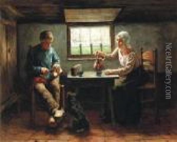 Teatime In A Rural Interior Oil Painting - Jacob Simon Hendrik Kever