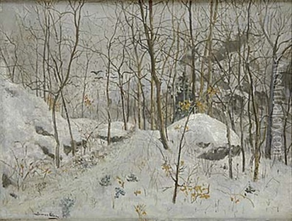 Vinterlandskap Med Krakor Oil Painting - Gunnar Aberg
