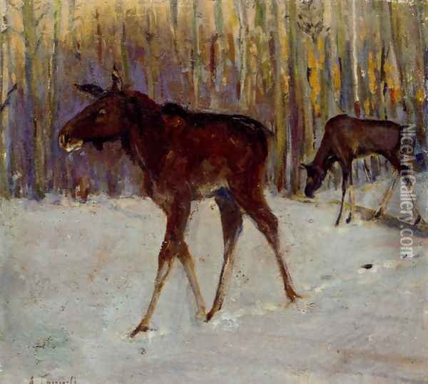 Elks In Winter Woodland Oil Painting - Aleksi Stepanovich Stepanov