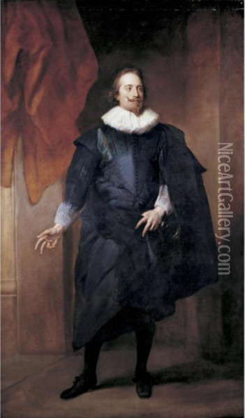 Portrait Of A Nobleman, Full-length, Standing, Wearing A Black Silk Doublet And Cloak Oil Painting - Sir Anthony Van Dyck