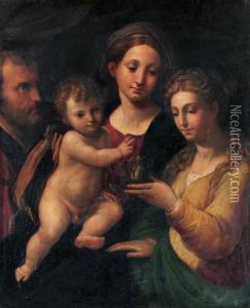 The Holy Family With Saint Mary Magdalen Oil Painting - Bartolomeo Ramenghi (Bagnacavallo)