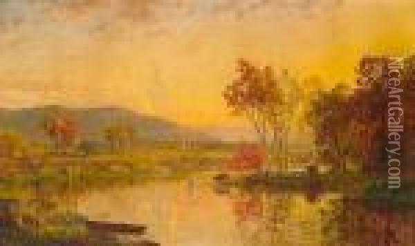 An Autumn Landscape With Cattle Watering At A River Oil Painting - Jasper Francis Cropsey