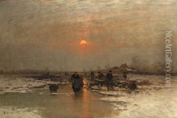 Ice Fishing At Dusk Oil Painting - Johann Jungblut