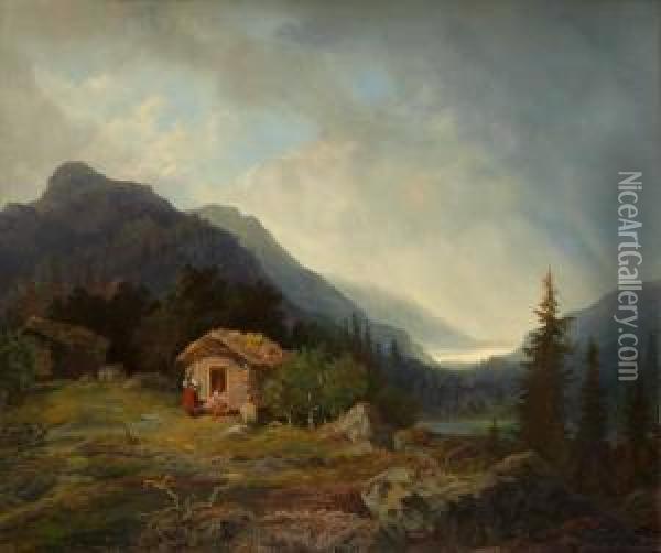 Landskap Med Figurer Utanfor Timmerstuga. Oil Painting - Karl Xv