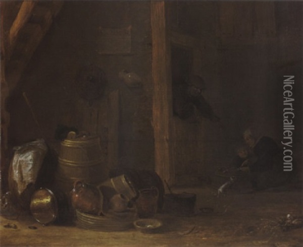 A Barn Interior With A Still Life With Kitchen Utensils In The Foreground, Together With A Woman And A Child Oil Painting - Cornelis Saftleven