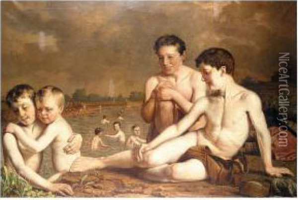 Young Boys Bathing Oil Painting - Hugh Collins
