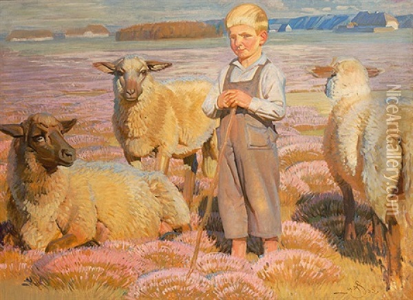 Blonder Knabe Als Schafhirte In Besonnter Landschaft Oil Painting - Knud Sinding