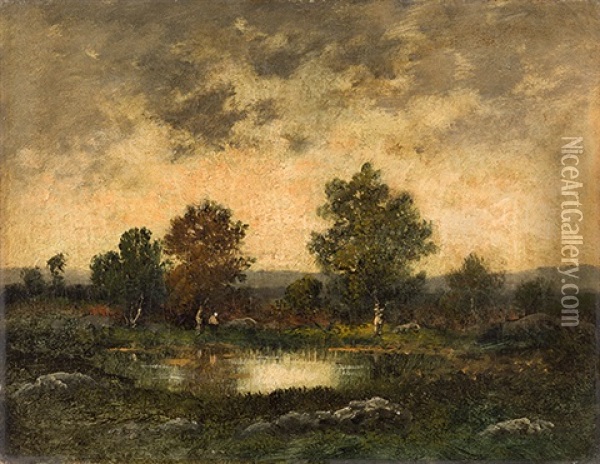 Landschaft Mit Bauerin Und Teich Oil Painting - Narcisse Virgile Diaz de la Pena