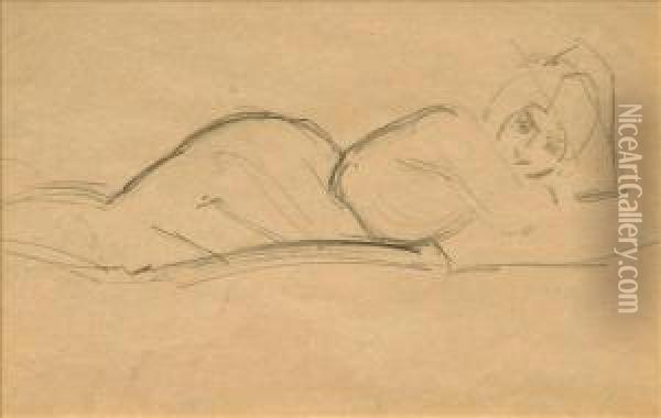 1940) Reclining Nude Pencil On Brown Paper 18cm X 28cm (see Illustration On Our Website) Oil Painting - Jean Hippolyte Marchand