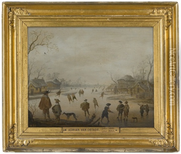 A Winter Scene With Figures Skating On A Frozen River Oil Painting - Anthonie van Stralen