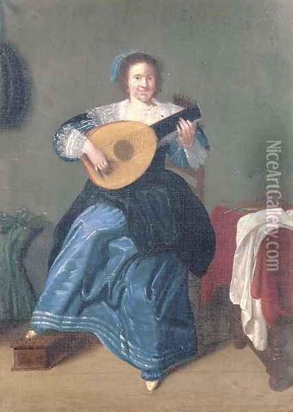 An elegant woman playing the lute in an interior Oil Painting - Dirk Hals