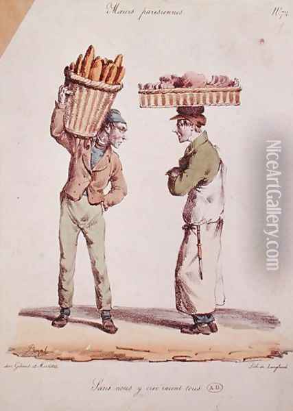 Caricature of two young tradesmen talking, plate number 72 from the Moeurs Parisiennes series, engraved by Langlume, c.1820 Oil Painting - Pigal, Edme Jean