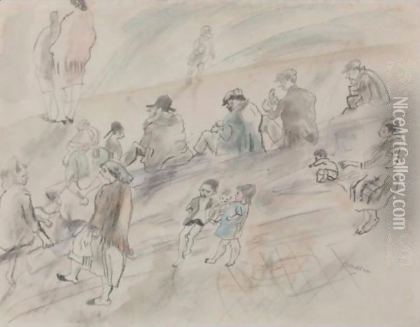 Figures On The Riverbank Oil Painting - Jules Pascin