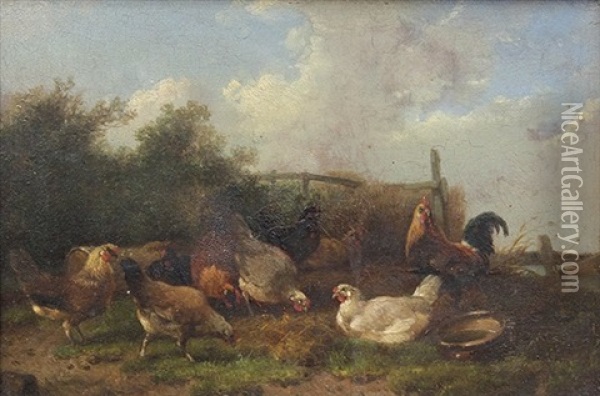 Barnyard Scene With Chickens Oil Painting - Cornelis van Leemputten