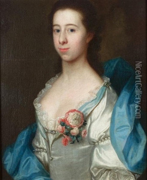 Portrait Of A Gentleman, In A Buff Coloured Coat With A White Brocaded Waistcoat And Holding A Hat Under His Arm (+ A Portrait Of A Lady, In A White, Lace-trimmed Dress And A Blue Wrap; Pair) Oil Painting - Joseph Highmore