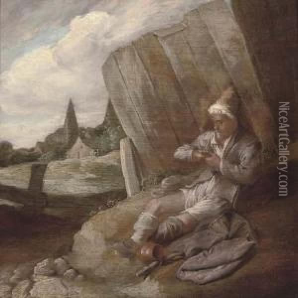 A Peasant Defleeing Himself Oil Painting - Bartholomeus Molenaer