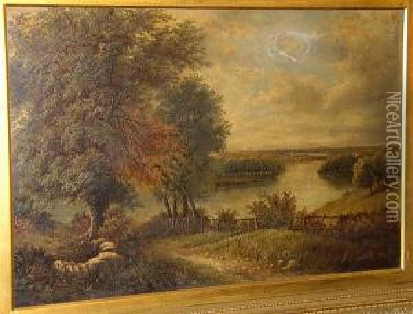 A Country Path Down To The River
 With City Beyond, Signed And Dated 'o.t. Clark 84', Oil On Canvas Oil Painting - Octavius Thomas Clark