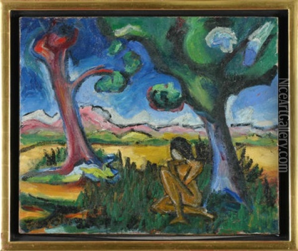 Landschaft Mit Weiblichem Akt, Unter Baumen Sitzend Oil Painting - Michel Fingesten
